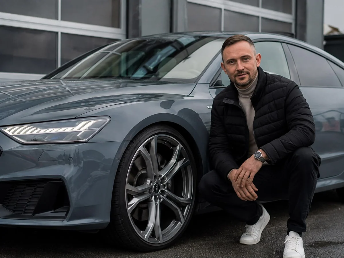 Roman Tabler, Gründer der Felgen Fabrik, vor seinem Audi A7 an der Werkstatt